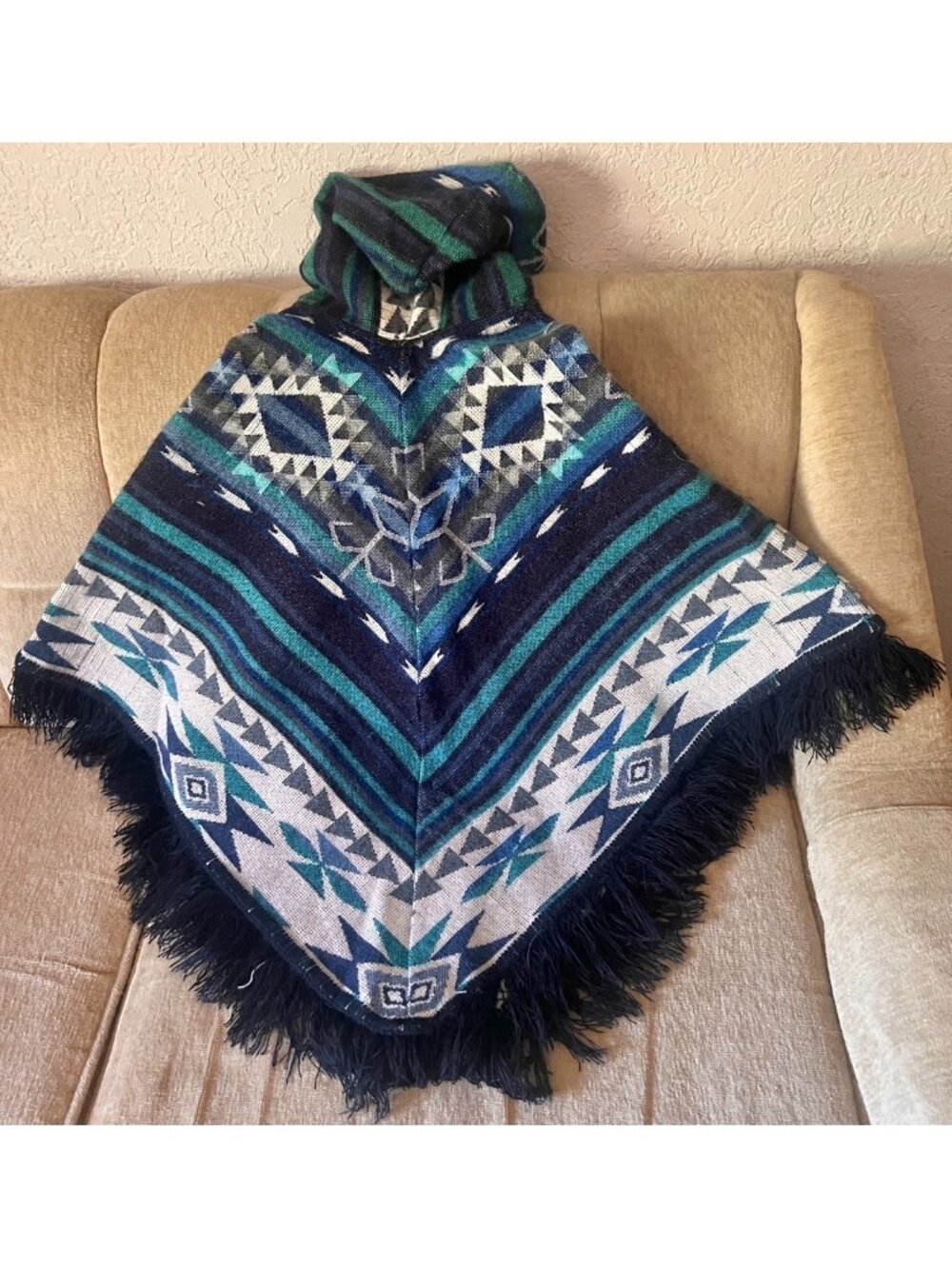 Ecuadorian Poncho Kids 8 Handmade Alpaca Wool Hood & Fringe Blue White Turquoise